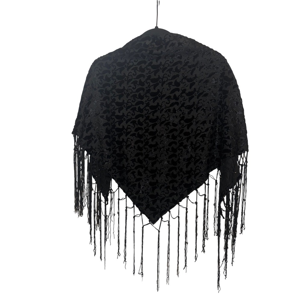 Vtg Black Burnout Velvet Paisley Fringe Triangle Shawl Wrap Scarf Boho Goth